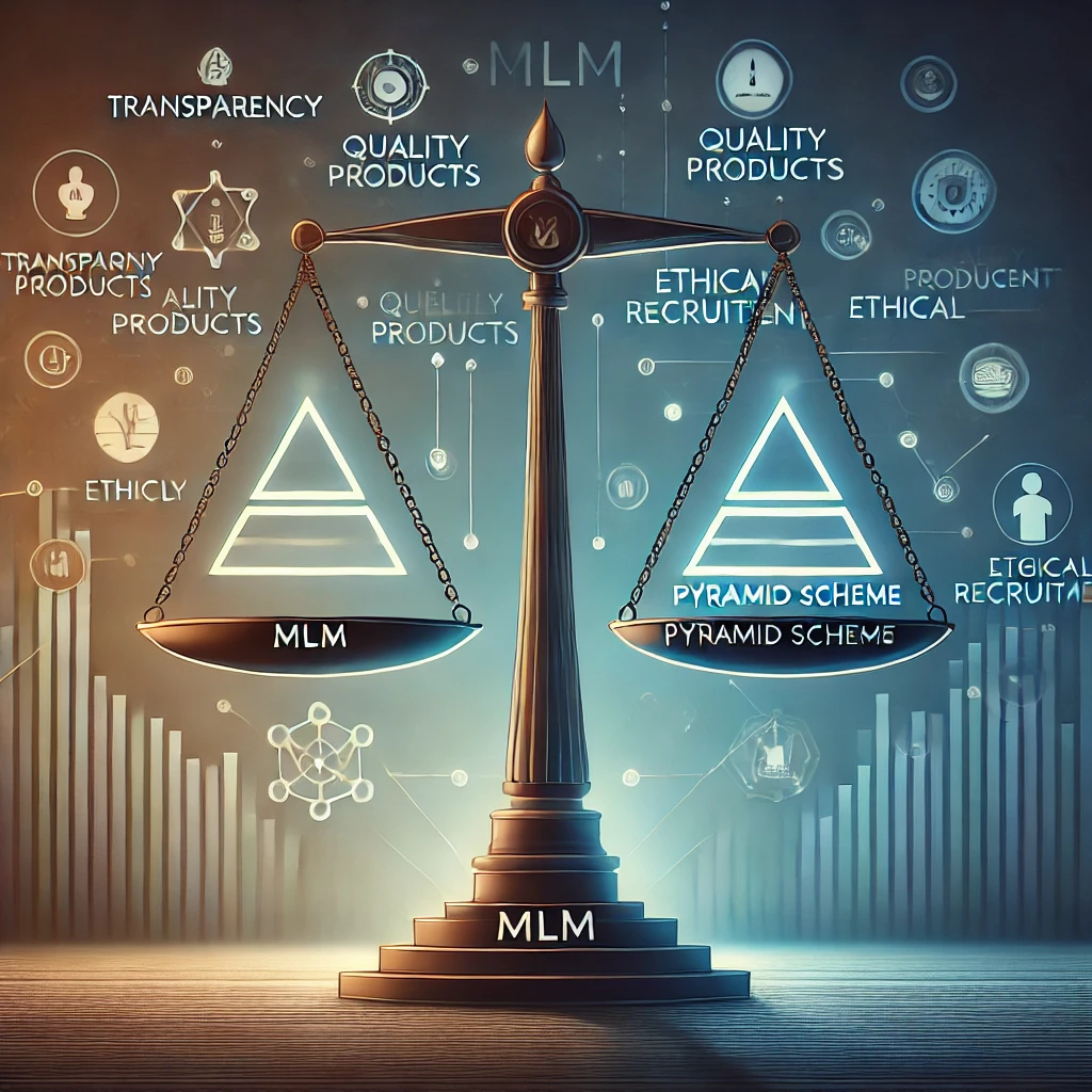 distinction between multi-level marketing (MLM) and pyramid schemes. The image features a balanced