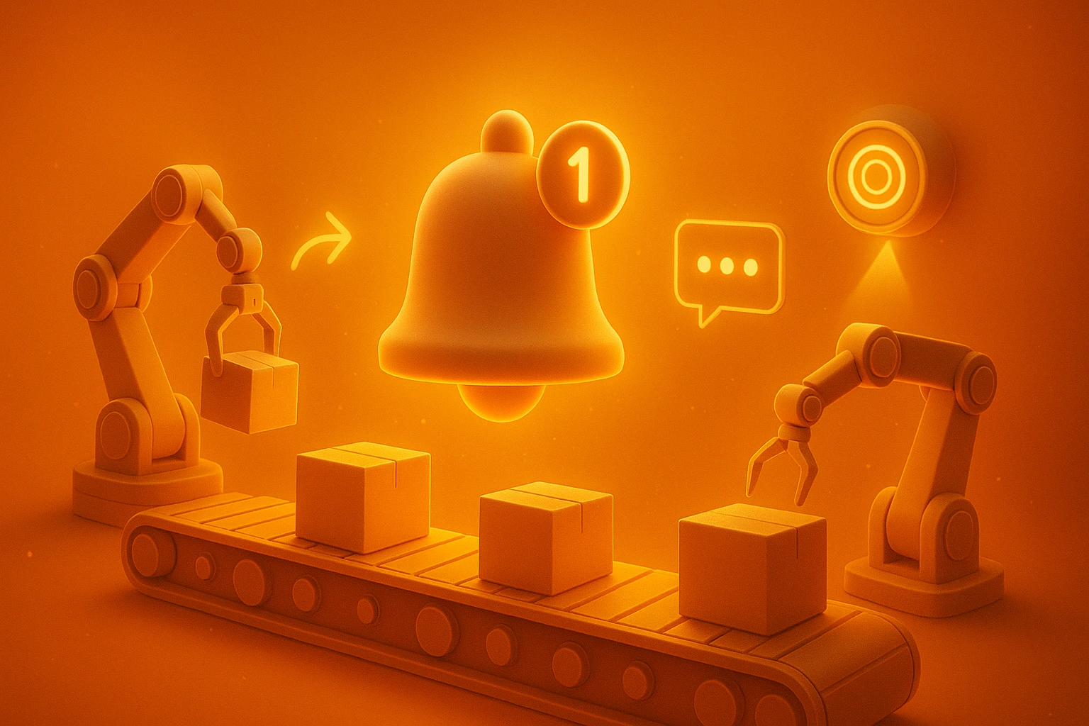 3D illustration representing Automated Stock Alerts with glowing bell icons, robotic arms moving boxes on a conveyor belt, notification bubbles, and smart sensors scanning items under bright yellow-orange neon lighting.