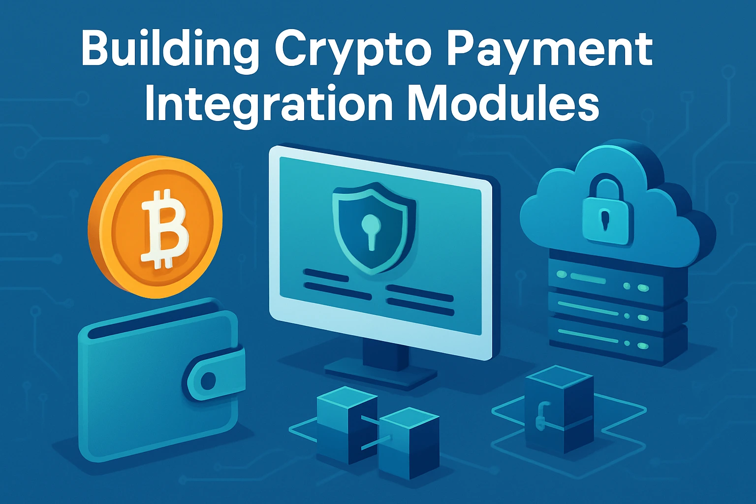 3D graphic showing crypto wallet, blockchain, and secure payment module integration