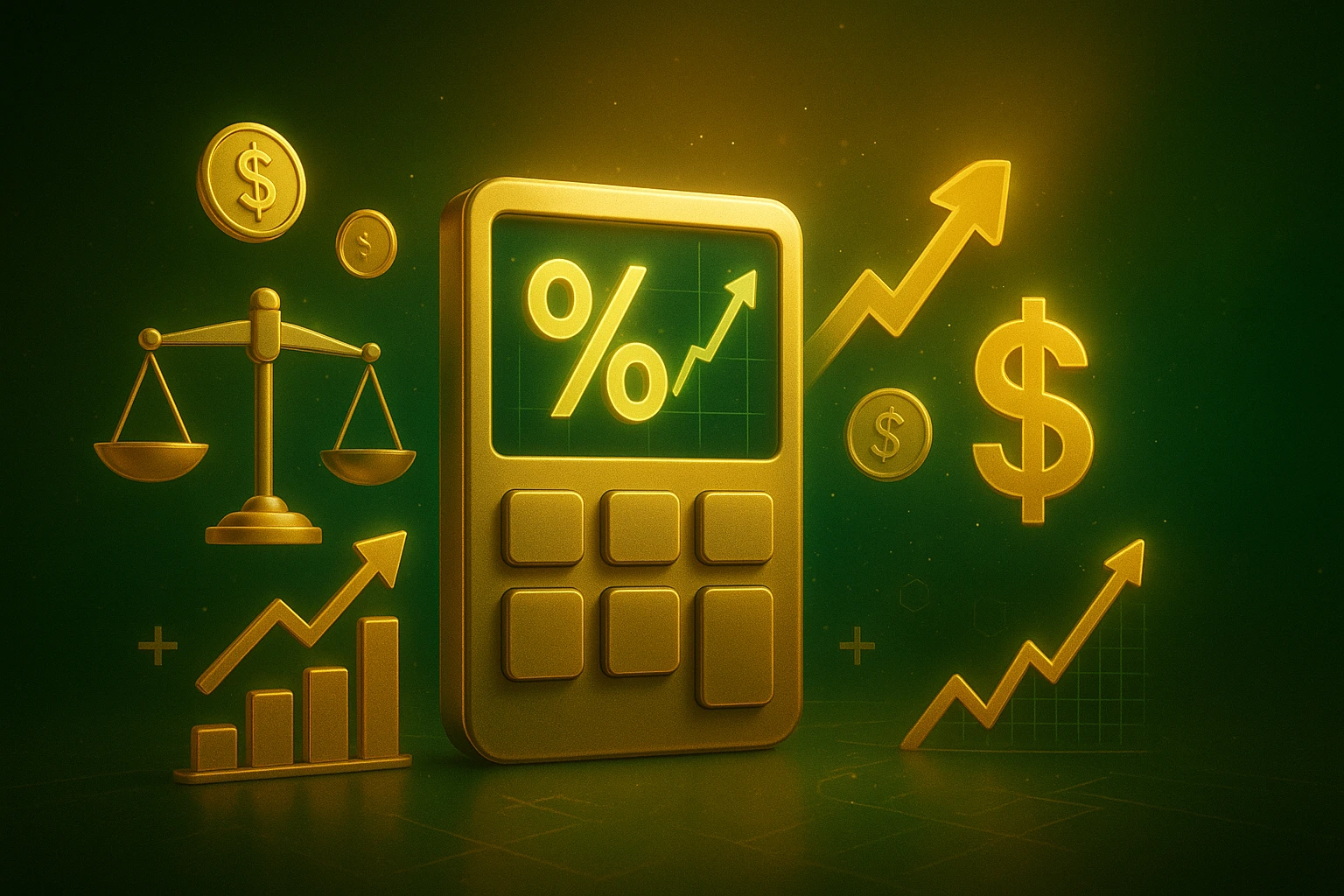 3D illustration of an Inventory Management ROI Calculator with a futuristic golden calculator, glowing percentage symbols, balance scales, upward-trending graphs, and dollar signs on a green and gold neon background.