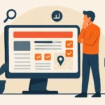 A flat-style digital illustration depicting a professional website designer working on a laptop with modern UI elements, representing web design services in Madurai.