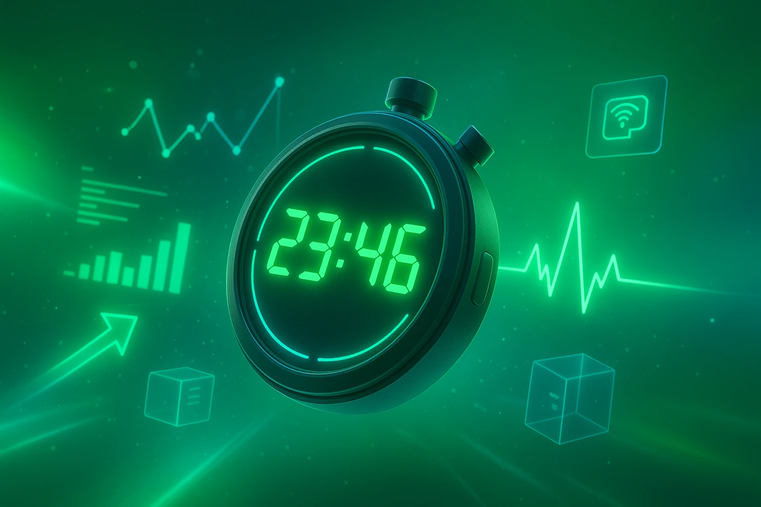 3D illustration of Real-Time Inventory Tracking with a futuristic digital stopwatch, glowing data charts, RFID tag icons, and live heartbeat-like waves on a neon green and cyan background.