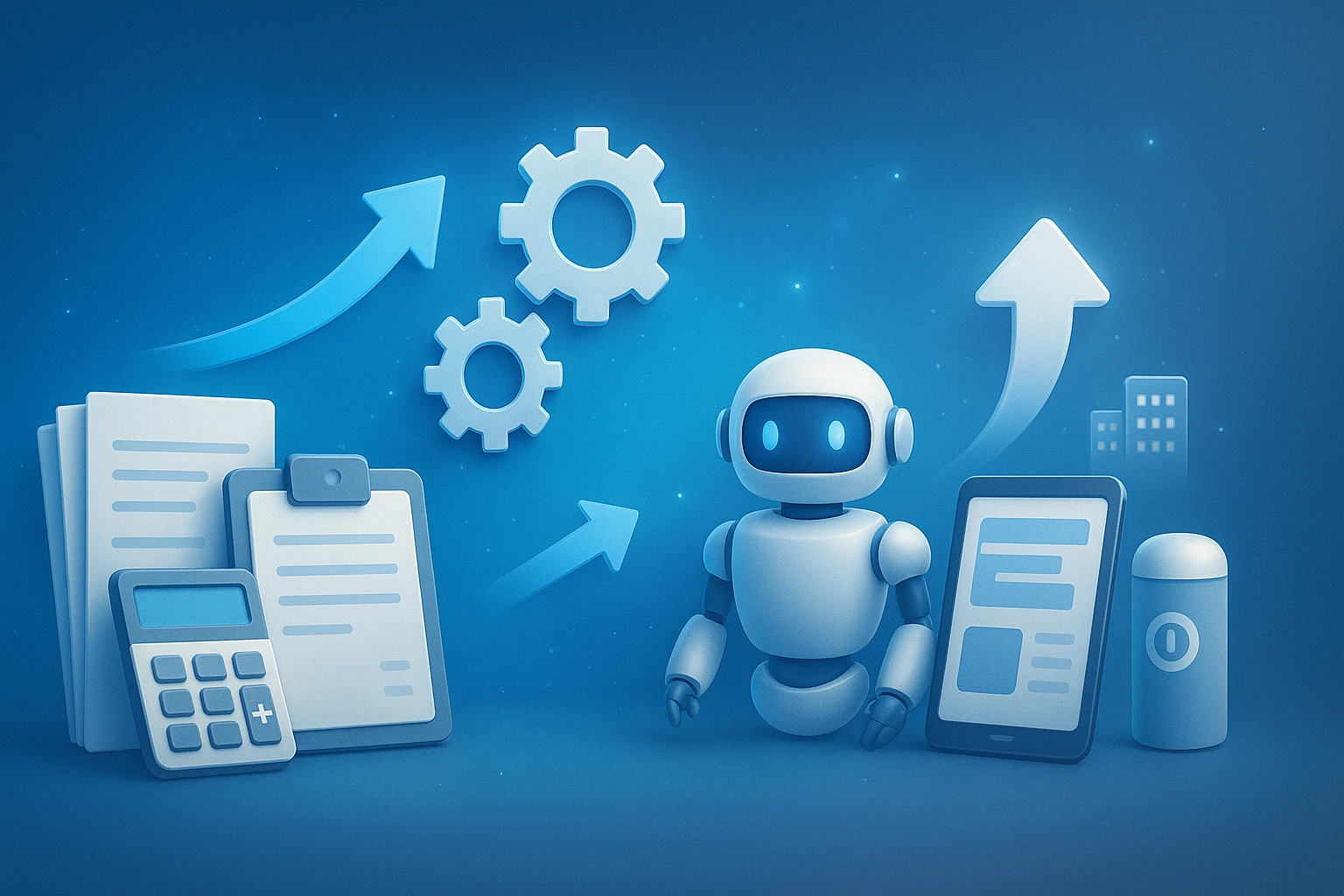 3D illustration of Small Business Inventory Automation showing paper documents and calculators transforming into robots, tablets, and smart devices with gears, arrows, and shop building icons on a glowing blue background.