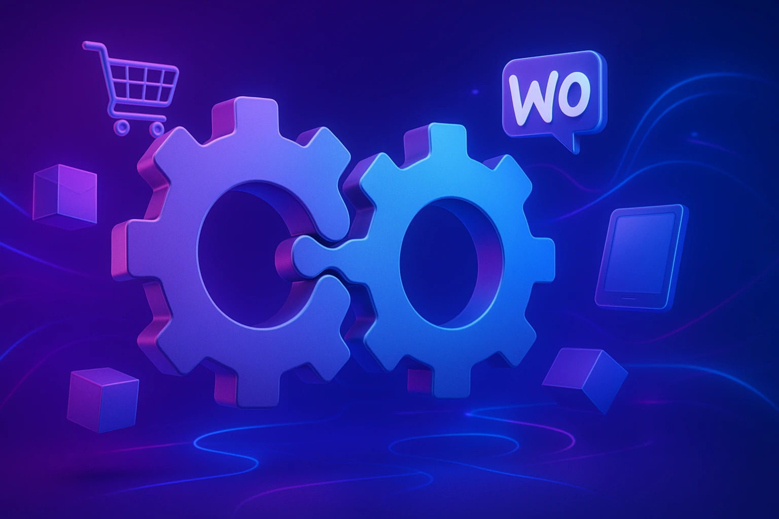 3D illustration of WooCommerce Inventory Management Integration Complete Guide showing interconnected gears with neon purple and blue background, floating e-commerce elements like shopping cart, product boxes, tablet, and WooCommerce logo symbolizing seamless integration.