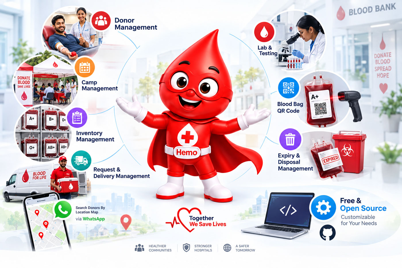 bloodbank.software inventory dashboard showing total units, expiring soon, screening, reserved and discarded counts with per blood group status cards