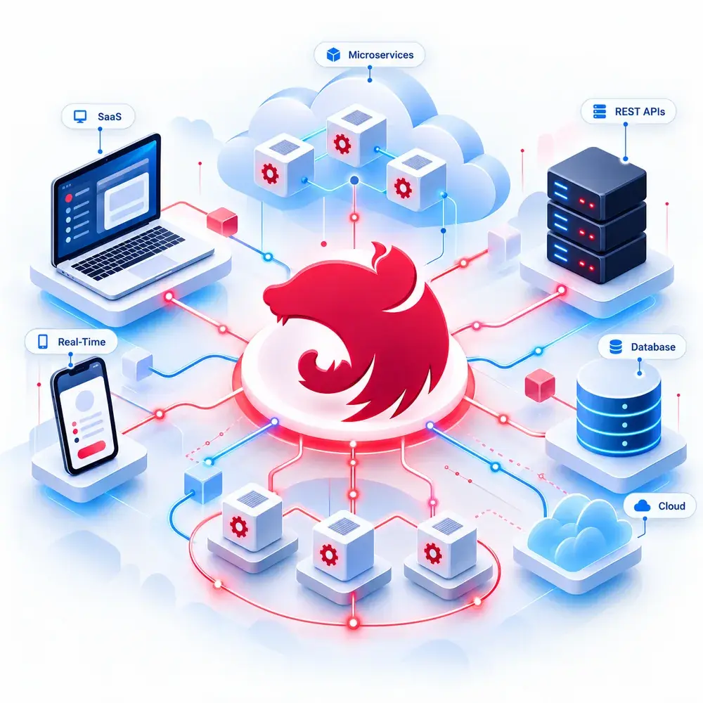 NestJS backend connecting SaaS web apps, real-time mobile apps, microservices, REST APIs, databases and cloud services